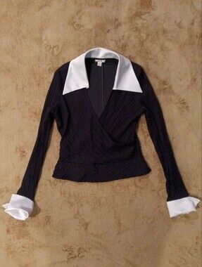 Cache Vintage Black Long-Sleeve Wrap Top  White Collar and Cuffs Classy Glamour